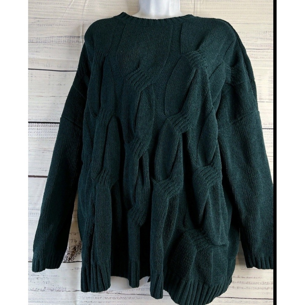 J. Jill Chenille Sweater XS Petite Hunter Green Chunky Cable Knit Pullover